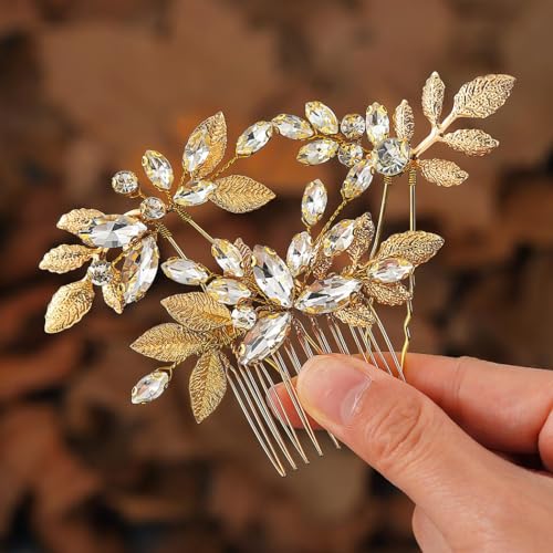 Handcess Braut Hochzeit Haarnadeln Gold Strass Haarteil Kristall Braut Haarkämme Hochzeit Blatt Haarschmuck für Frauen und Mädchen (3 Stück) von Handcess