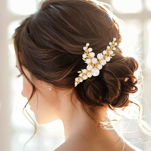 Handcess Braut Hochzeit Perlen Haarkamm Gold Blatt Kopfschmuck Braut Haarschmuck für Frauen und Mädchen von Handcess