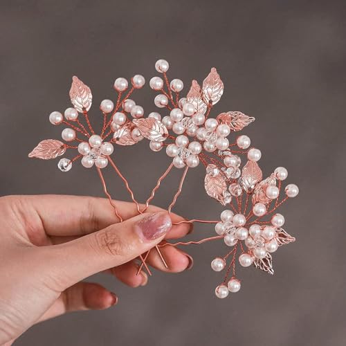 Handcess Braut Hochzeits Haarnadeln Roségold Strass Haarspangen Blatt Kopfschmuck Perlen Braut Haarschmuck für Frauen und Mädchen (3 Stück) von Handcess