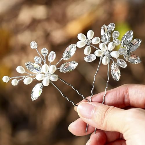 Handcess Braut Hochzeits Haarnadeln Silber Strass Haarspangen Kristall Kopfschmuck Perlen Braut Haarschmuck für Frauen und Mädchen (2 Stück) von Handcess