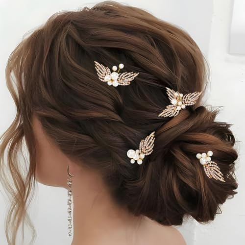 Handcess Braut Hochzeits Haarnadeln gold Perlen Haarteile Blatt Haarspangen Strass Kopfschmuck Kristall Braut Haarschmuck für Frauen und Mädchen (4 Stück) von Handcess