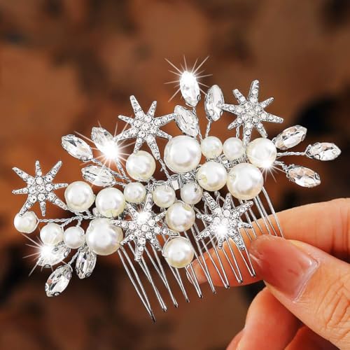 Handcess Braut Hochzeits Haarkamm Silber Perlen Haarteil Strass Braut Kopfschmuck Kristall Haarschmuck für Frauen und Mädchen von Handcess