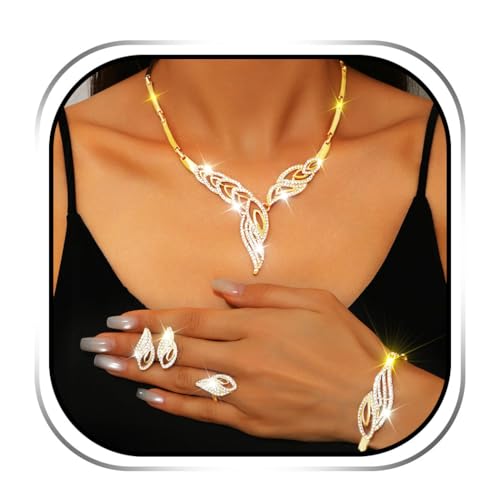 Handcess Braut Schmuck Set Gold Strass Halskette und Ohrringe Glitzernde Braut Hochzeits Halskette Schmuck für Frauen von Handcess