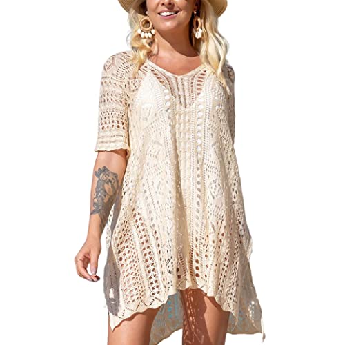 Handcess Damen-Strand-Bikini-Cover-Up-Spitze, Häkeln, aushöhlen, Badeanzug, Beachwear-Kleid, V-Ausschnitt, Häkel-Bademode-Coverups für Frauen und Mädchen von Handcess