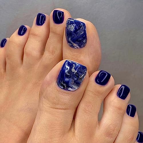 Handcess Glänzende künstliche Zehennägel, blau, zum Aufdrücken, quadratisch, künstliche Zehennägel, volle Abdeckung, Acryl-Zehennägel, Nagelkunstspitzen für Frauen und Mädchen, 24 Stück von Handcess