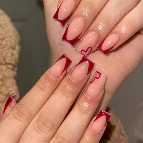 Handcess Herz künstliche Nägel Rosa Valentinstag Press on Nail Französischer Fake Nail Liebes Kurzer Nagel zum Aufkleben für Frauen und Mädchen 24 Stück von Handcess