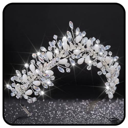 Handcess Hochzeit Perlen Tiara Stirnband Silber Strass Krone Stirnband Prinzessin Kristall Kopfschmuck Braut Hochzeit Kopfbedeckung für Frauen und Mädchen von Handcess