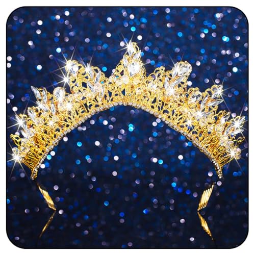 Handcess Hochzeit Tiara Gold Strass Kronen Stirnband Prinzessin Kopfschmuck Braut Tiara Kopfbedeckung für Frauen und Mädchen von Handcess
