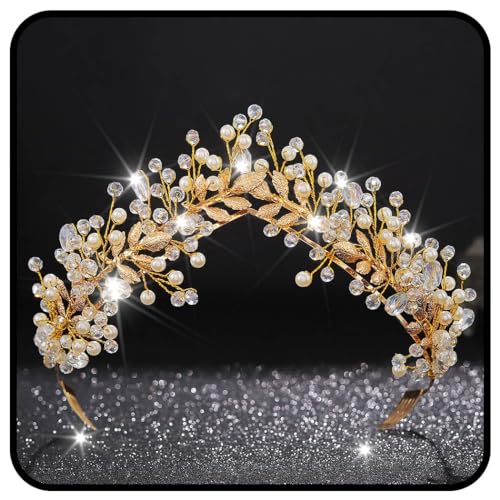 Handcess Hochzeit Tiara Kronen Gold Strass Kronen Stirnband Prinzessin Perle Kopfschmuck Braut Hochzeit Kopfbedeckung Tiara für Frauen und Mädchen von Handcess