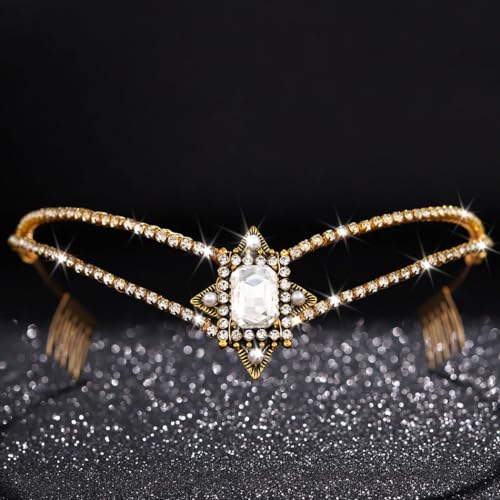 Handcess Hochzeit Tiara Kronen Gold Strass Kronen Stirnband Prinzessinnen Kristall Tiaras Kopfbedeckung für Frauen und Mädchen von Handcess