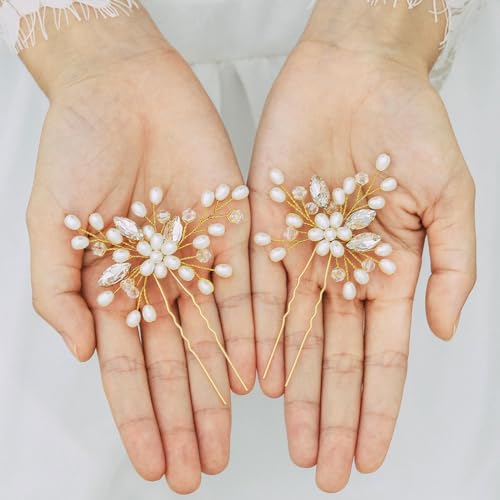 Handcess Haarnadel mit Perlen und Kristallen für die Braut, Blumen-Design, Kopfschmuck mit Strass, Hochzeitshaarschmuck für Damen und Mädchen (2 Stück) (Gold) von Handcess