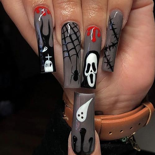 Handcess Künstliche Fingernägel für Halloween Sarg lang schwarz glänzend Acryl zum Aufkleben für Damen und Mädchen（24 Stück） von Handcess