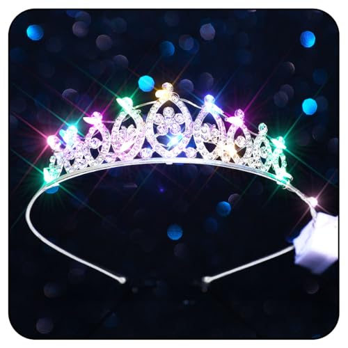 Handcess Leuchtende Diademe und Kronen mit Strass Blumen Silber LED Schmetterlings krone Stirnband Prinzessinnen Kristallen Kostüm Tiara Geburtstags Rave Haarschmuck für Frauen und Mädchen von Handcess