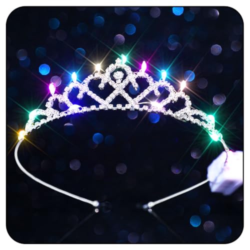 Handcess Leuchtende Diademe und Kronen mit Strasssteinen LED Silber kristall Prinzessinnen krone Stirnband Geburtstags kostüm Tiara Party Rave Haarschmuck für Frauen und Mädchen von Handcess