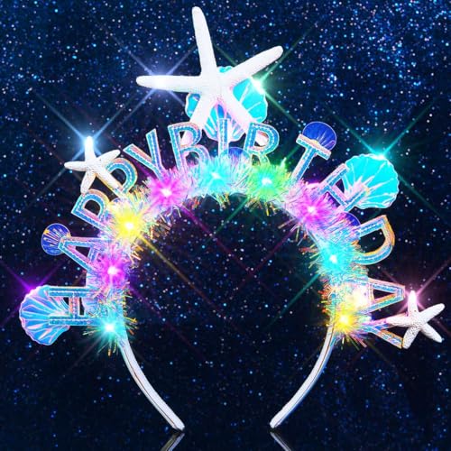 Handcess Leuchtender Geburtstags-Stirnband Festival LED Seestern Haarband Glitzer Kostüm Muschel Haarreifen Party Rave Haarschmuck für Frauen von Handcess