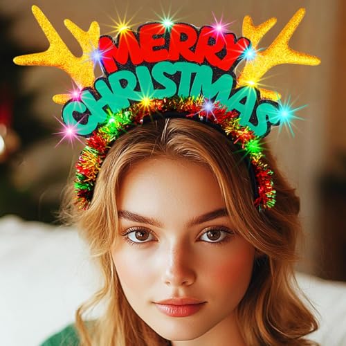 Handcess Leuchtetes Weihnachts Stirnband LED Rentiergeweih Haarreif Glitzer Haarband Leuchtender Xmas Haarschmuck für Damen von Handcess