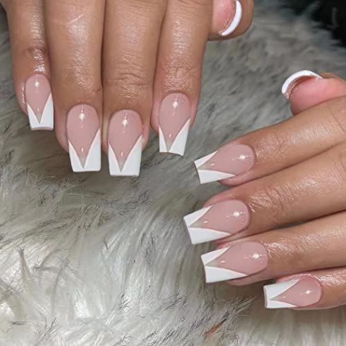 Handcess Sarg French Falsche Nägel Kurze glänzende Press on Nails Ballerina Weiß Acryl Kunst Falsche Nägel Stick on Nails 24Pcs für Frauen und Mädchen von Handcess