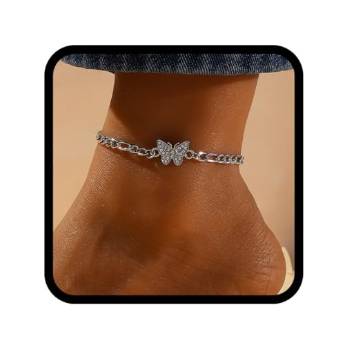 Handcess Schmetterlings-Fußkettchen, Silber-Kristall-Fußkettchen, Strand-Fußschmuck für Frauen und Mädchen von Handcess