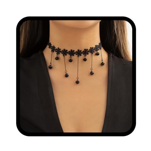 Handcess Schwarze Choker Halsketten Perlen Quasten Halskette Gothic Halskette mit hohler Blume Anhänger Schmuck für Damen und Mädchen von Handcess