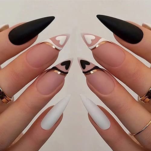 Handcess Stiletto Matte Falsche Nägel Schwarz Langes Drücken auf Nägel Weißes Herz Acryl Falsche Nägel Stick auf Nagel 24Pcs für Frauen und Mädchen von Handcess