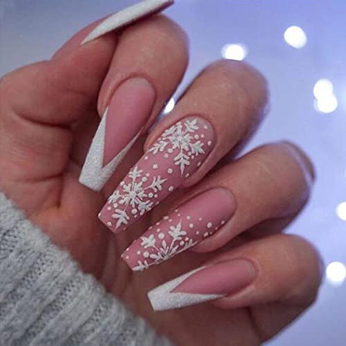 Handcess Weihnachten Sarg Falsche Nägel - Matte Lange Ballerina Presse auf Schneeflocke Weiß Rosa Französisch Acryl Stick 24Pcs für Frauen und Mädchen von Handcess