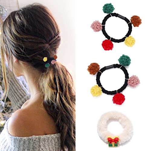 Handcess Weihnachten flauschiges Haar Scrunchies elastische Haar Krawatten Scrunchy Pompom Ball Haar Seil Haarschmuck 3Pcs für Frauen und Mädchen von Handcess