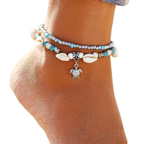 Handcess Boho mehrlagige Muschel Fußkettchen Silber Schildkröte Knöchel Armbänder Türkis Perlen Fußkette für Frauen und Mädchen von Handcess