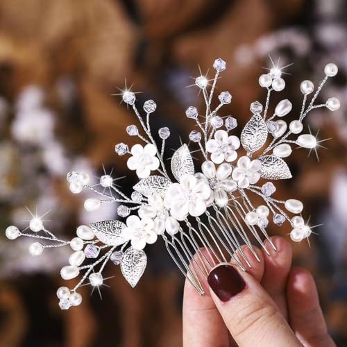 Handcess Braut Hochzeit Blume Haarkamm Silber Strass Perle Kopfschmuck Blatt Braut Haarschmuck für Frauen und Mädchen von Handcess