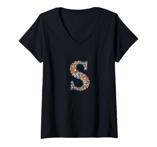 Damen Handgefertigter Buchstabe S Kunst Mosaik inspiriertes tragbares Stück T-Shirt mit V-Ausschnitt Damen Handgefertigter Buchstabe S Kunst Mosaik inspiriertes tragbares Stück T-Shirt mit V-Ausschnitt von Handcrafted Letter
