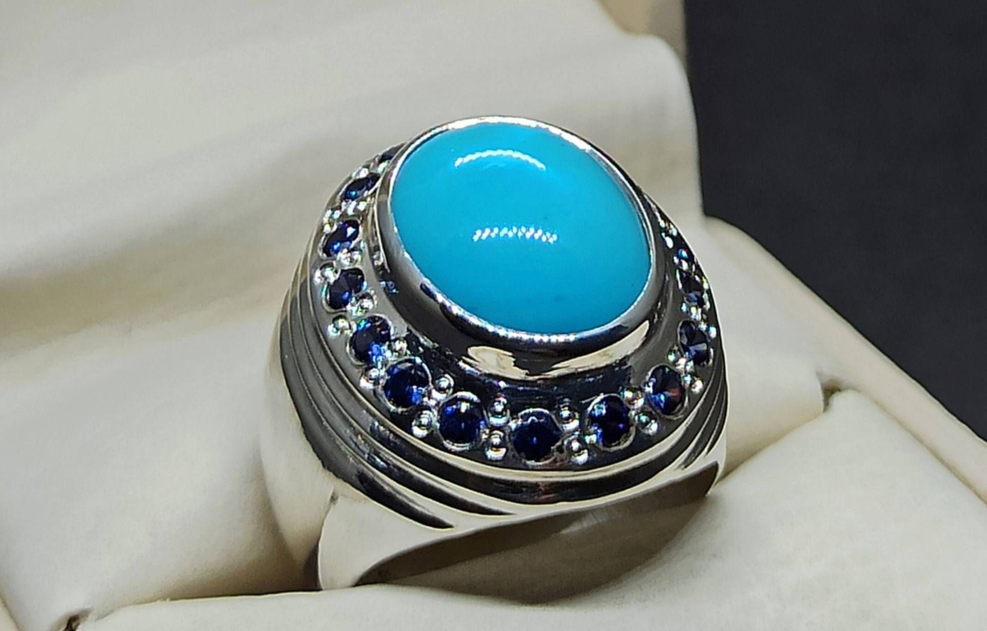 Natürlicher Cabochon 18 Karat Neshapuri Feroza Herren Ring Sterling Silber 925 Handgemacht Selten Blau Unerhitzt Unbehandelt Türkis 14K, 18K Gold von HandcraftedGemsRings