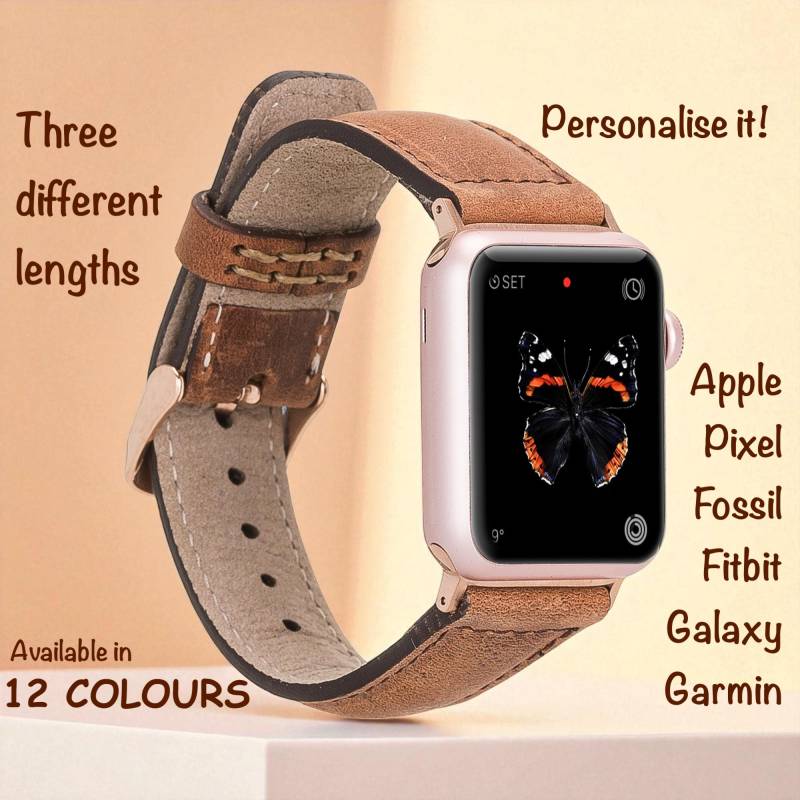 Personalisierter Uhrenarmreif Für Apple Watch, Galaxy, Fitbit, Pixel Handgefertigte Bänder 38, 40, 41, 42, 44, 45, 49 Mm Jubiläumsgeschenk Aus Leder von HandcraftedInTheUK