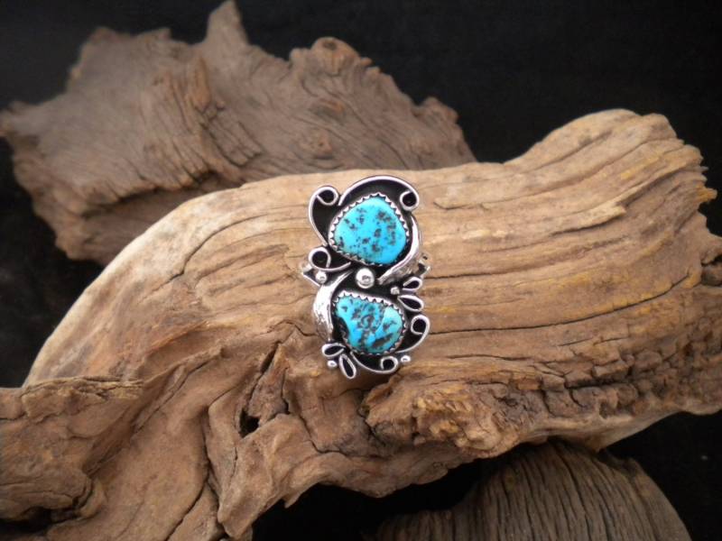 Größe 11 Ring Schöne Blau 2 Stein Nuggettürkis Sterling Silber Signiert Stück Handmade von HandcraftedSWDesigns
