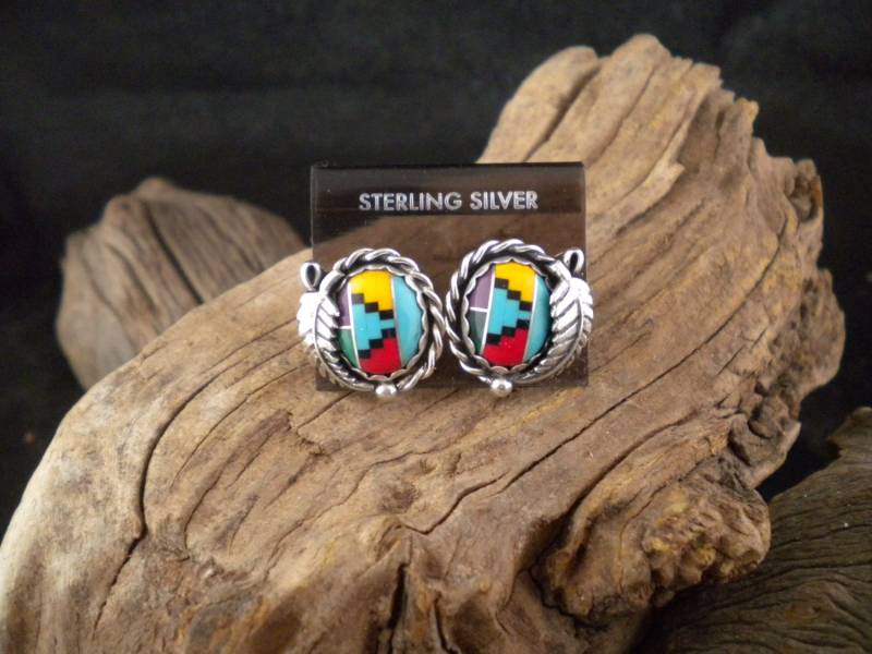 Schöne Inlay Stein Sterling Silber Ohrringe Handgemachte Signierte Stücke von HandcraftedSWDesigns