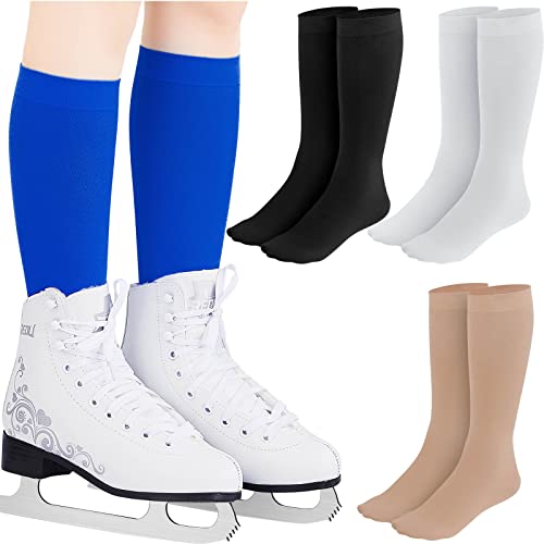 Handepo 4 Paar Eiskunstlaufsocken hohe Strumpfhosen Skate Socken Eissocken Nylon Skating Socken für Schlittschuhe Tanzen, Schwarz, Weiß, Hautfarben, Königsblau, Einheitsgröße von Handepo