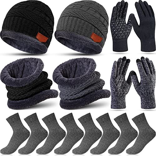 8 Stück Wintermütze Beanie Schal Touchscreen Handschuhe und Socken Set Slouchy Knit Skull Cap Beanies Fleece Futter Nackenwärmer, Schwarz, Grau, One Size von Handepo