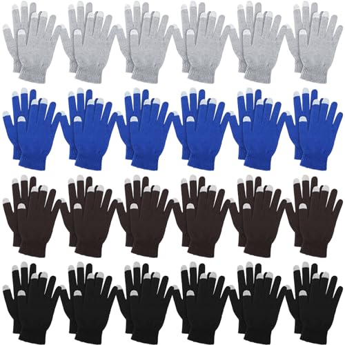 Handepo 24 Paar Touchscreen-Handschuhe Bulk Stretch Gestrickte Texting Handschuhe Warme Fäustlinge Winter Zubehör für Damen Herren, Hellgrau, Himmelblau, Braun, Schwarz, Medium von Handepo