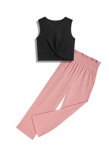 Handfrog Kinderkleidung Mädchen Sommer 2025 Niedliche Outfits 2-teiliges Crop Top mit Bindeknoten und weitem Bein lange Hosen Sets Anzug, Schwarz und Rosa, 120 cm von Handfrog