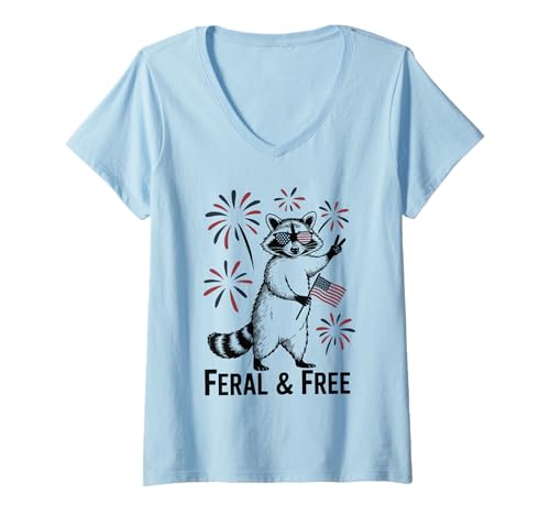 Damen Feral and Free Waschbär Feuerwerk Peace Fourth Juli USA T-Shirt mit V-Ausschnitt Damen Feral and Free Waschbär Feuerwerk Peace Fourth Juli USA T-Shirt mit V-Ausschnitt von Handgezeichneter Waschbär Peace Feral And Free