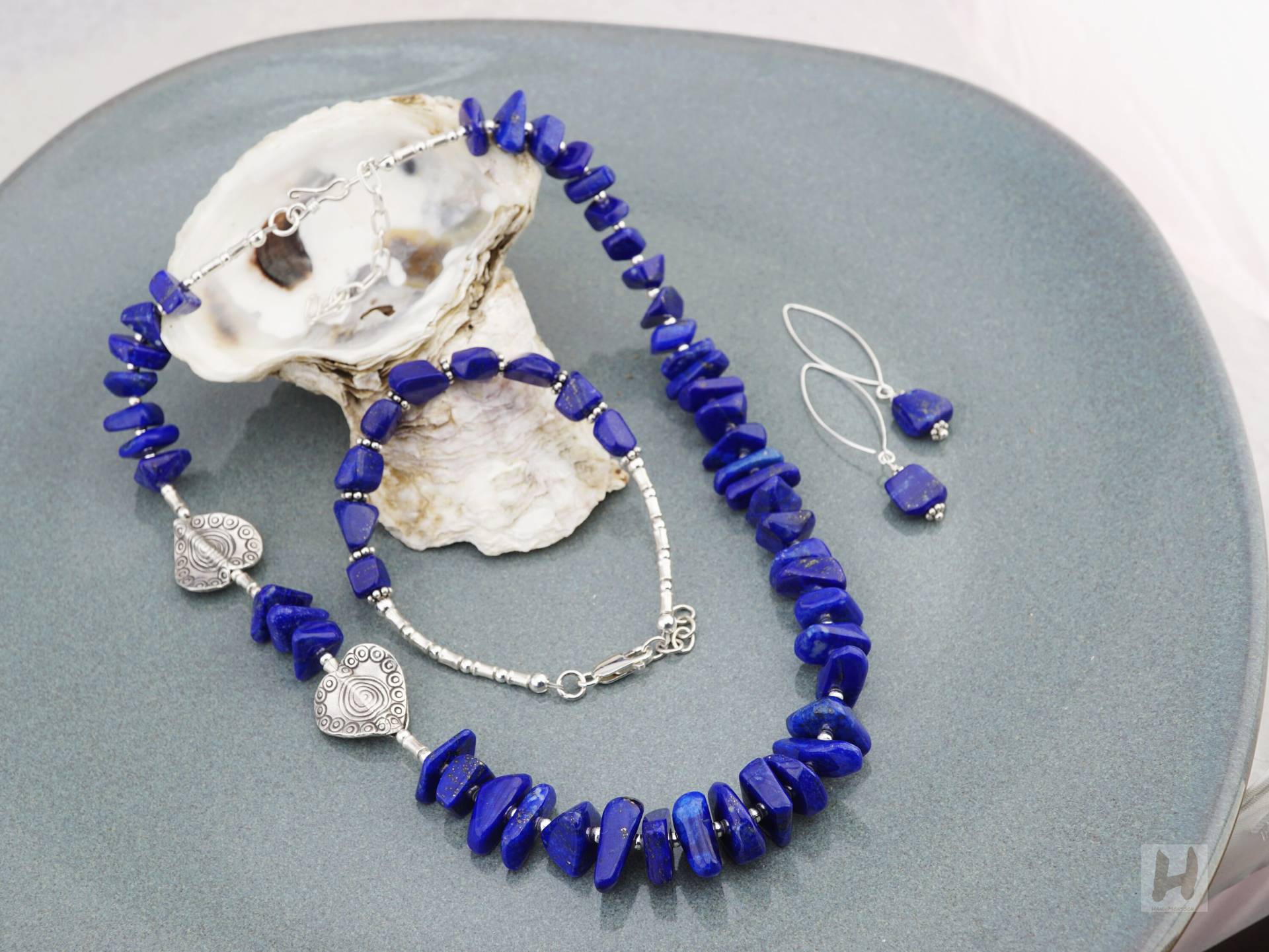 Blau Lapis Lazuli Sterling Silber Schmuck Set Perlenkette & Ohrringe Blau Lapis Lazuli Sterling Silber Schmuck Set Perlenkette & Ohrringe von HandiMonsoon