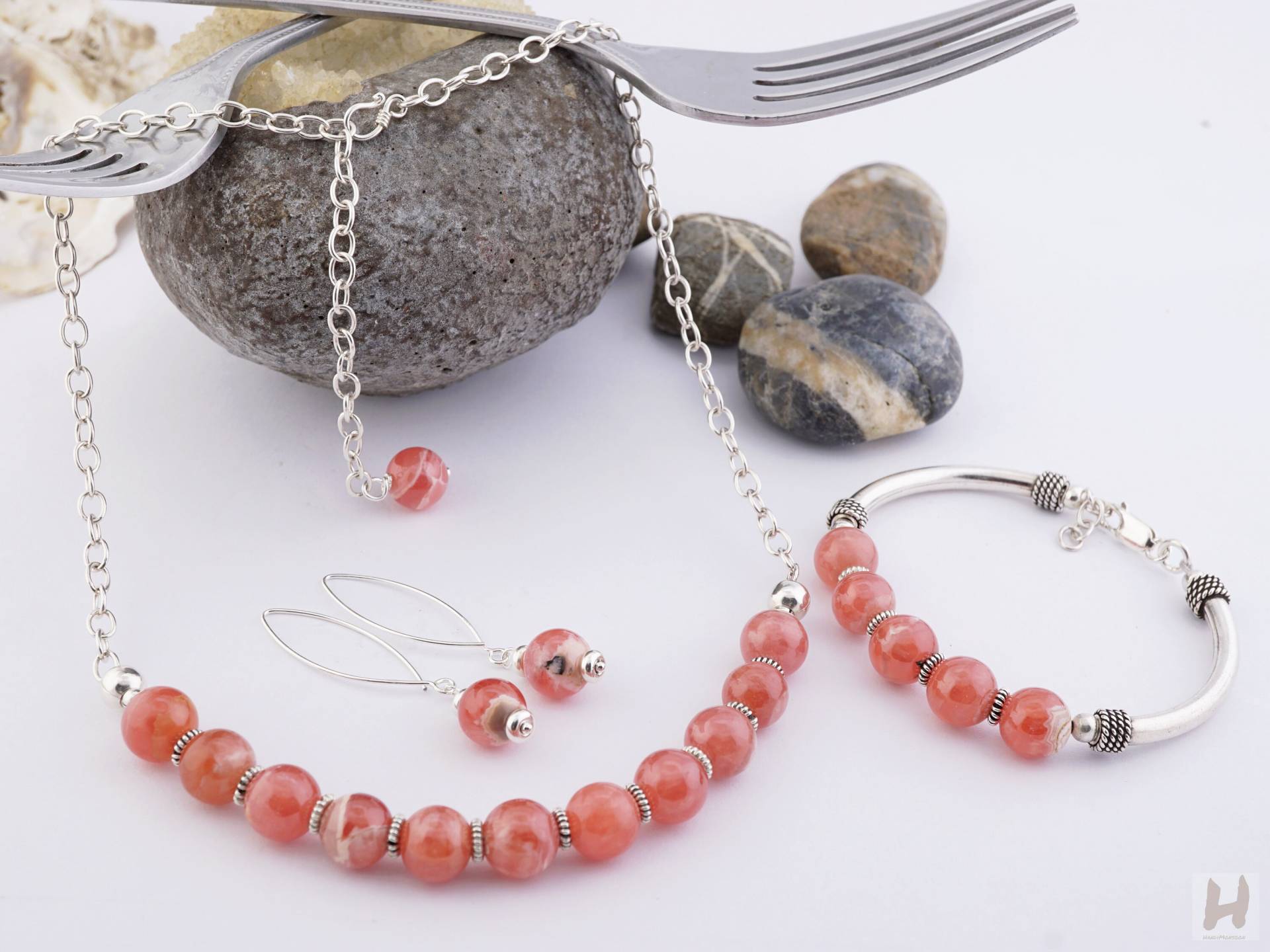 Rhodochrosit Sterling Silber Schmuck Set Rosa Perlenkette, Armband, Ohrringe Rhodochrosit Sterling Silber Schmuck Set Rosa Perlenkette, Armband, Ohrringe von HandiMonsoon