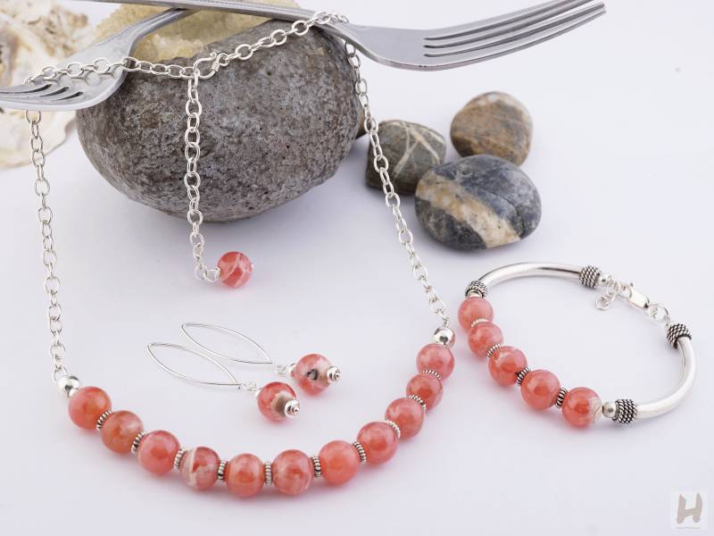 Rhodochrosit Sterling Silber Schmuck Set Rosa Perlenkette, Armband, Ohrringe Rhodochrosit Sterling Silber Schmuck Set Rosa Perlenkette, Armband, Ohrringe von HandiMonsoon