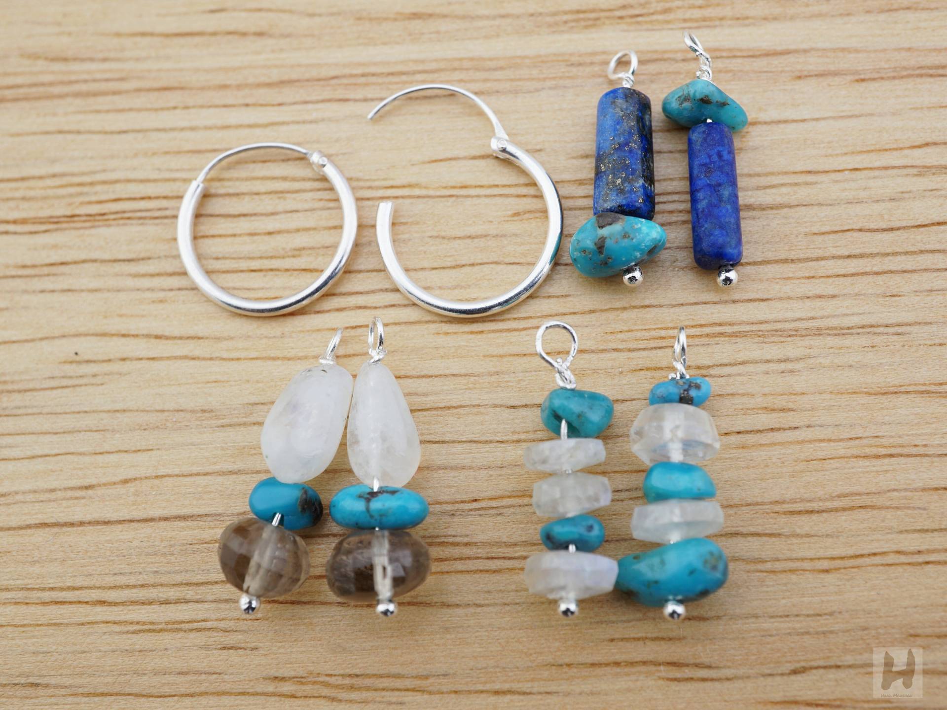 Türkis Lapis Lazuli Mondstein Sterling Silber Creolen Set Türkis Lapis Lazuli Mondstein Sterling Silber Creolen Set von HandiMonsoon