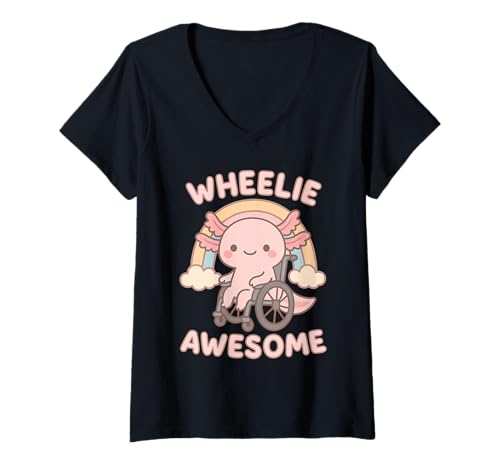Damen Süße Kawaii Axolotl im Rollstuhl - Handicap Girl T-Shirt mit V-Ausschnitt von Handicap Rollstuhlendesigns für Mädchen und Frauen
