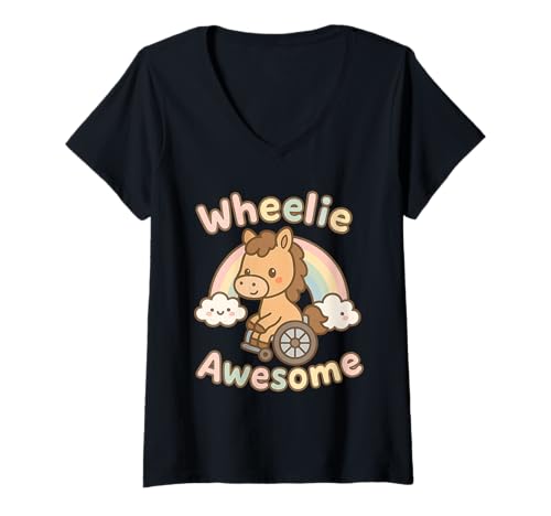 Damen Süßes Kawaii Pferd in einem Rollstuhl - Handicap Girl T-Shirt mit V-Ausschnitt von Handicap Rollstuhlendesigns für Mädchen und Frauen