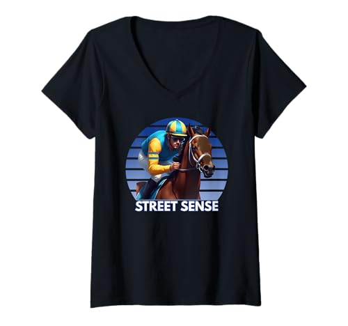 Damen Street Sense Pferd, Pferderennen, Del Mar, Santa Anita Pferd T-Shirt mit V-Ausschnitt von Handicapping Horse Gear