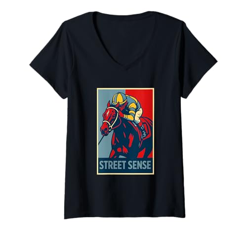 Damen Street Sense Pferd, Pferderennen, Del Mar, Santa Anita Pferd T-Shirt mit V-Ausschnitt von Handicapping Horse Gear