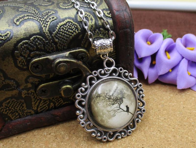 25 Mm(1 ZollFertig Lünette Halskette, Mond Und Katze Muster-B3004 von Handlry