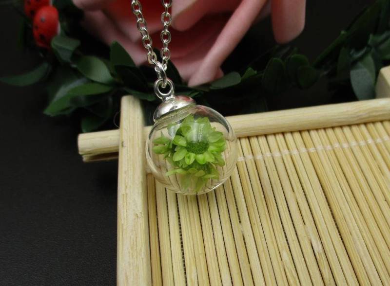 Echte Flower(Green Halskette Runde Glas Flasche Anhänger Mit Hellen Silber Ketten-Bt054-A von Handlry