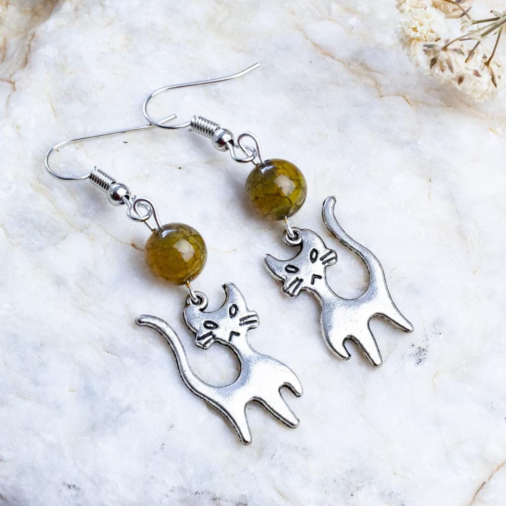 Handmade Agate Earrings, Beautiful Metal Cat Kitten Brown Gift For Her, Angry Handmade Agate Earrings, Beautiful Metal Cat Kitten Brown Gift For Her, Angry von HandlyStudioStore