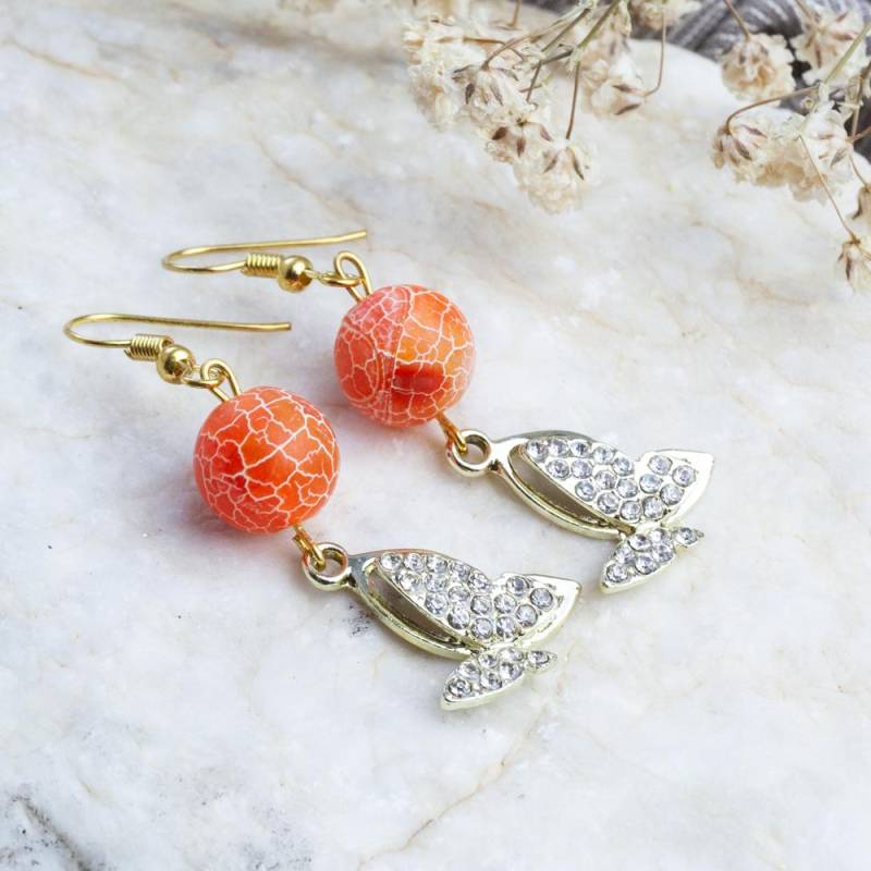 Handmade Agate Earrings, Semi-Precious Stone Orange Crystal Butterfly Gift For Her, Woman, Insect von HandlyStudioStore